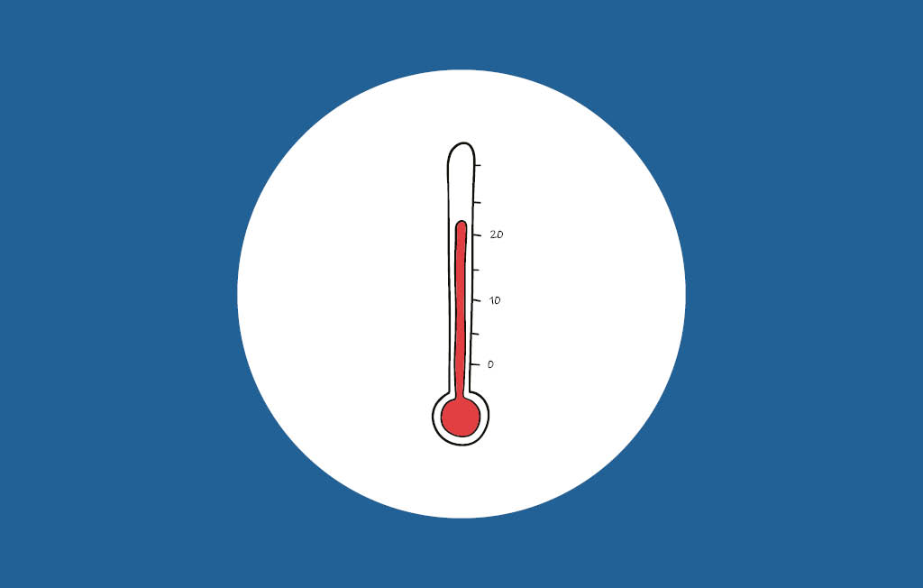 Blå bakgrund och en vit cirkel med en termometer inuti.